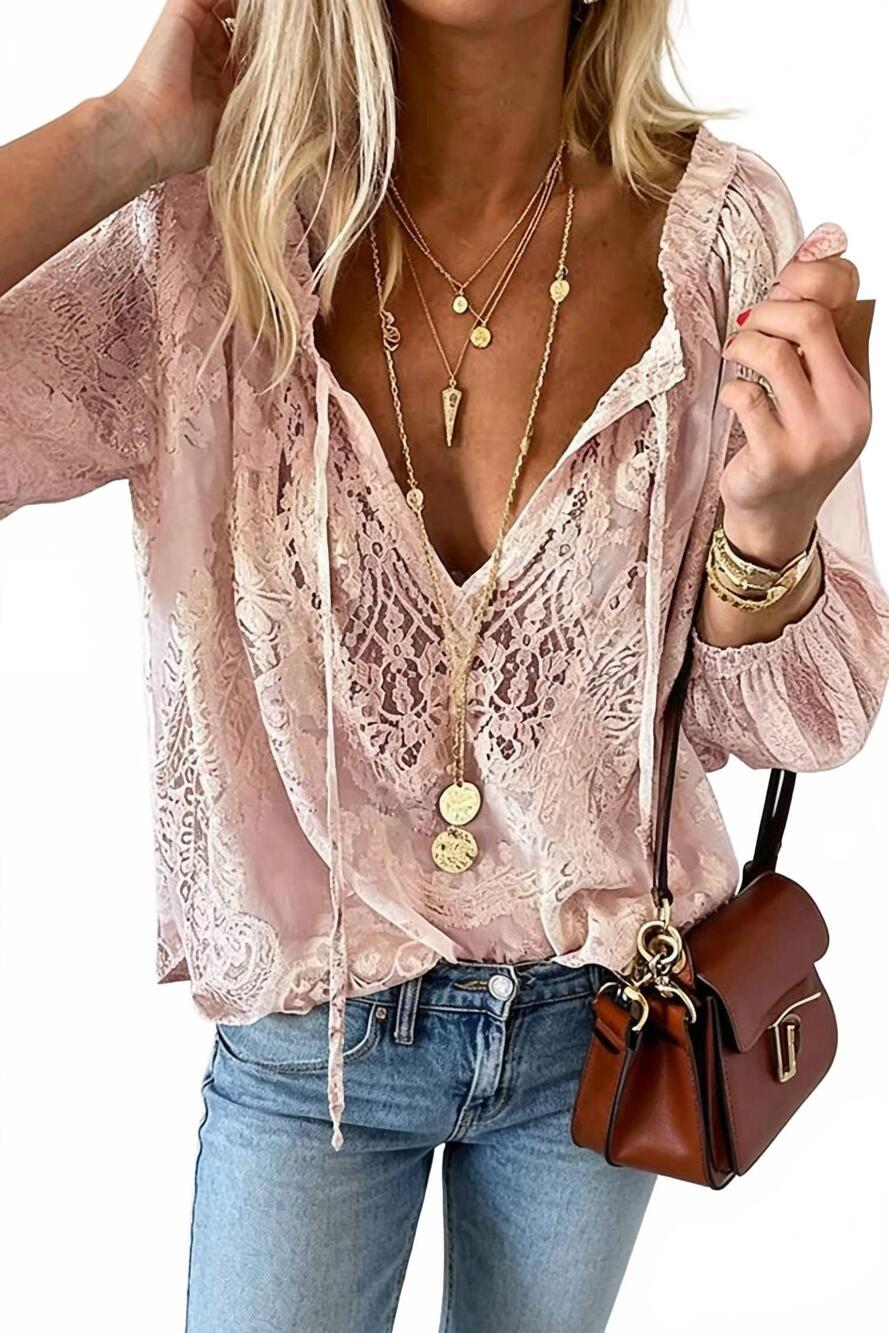 NEW 1 THE WOMAN lace long sleeve tie v neck blouse in light pink